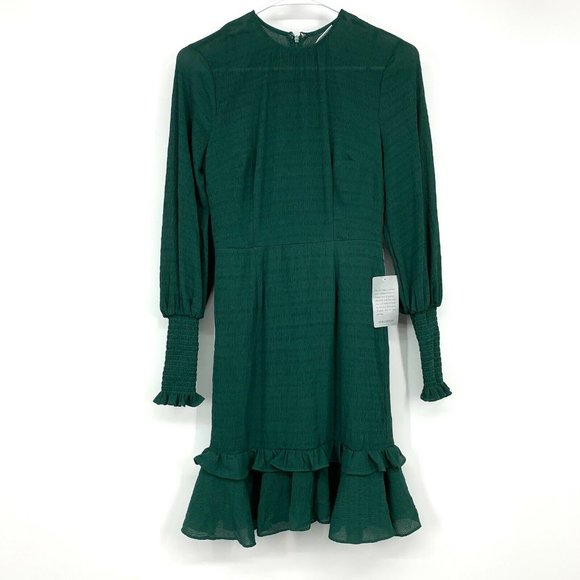 Chelsea 28 Dress Green Smocked Long Sleeve Ruffle Drop Waist Mini - Picture 3 of 12